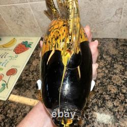 Fish Large Murano Style Hand Blown Art Glass Fish Orange & Black. 11 Long 7H