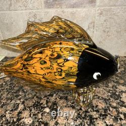 Fish Large Murano Style Hand Blown Art Glass Fish Orange & Black. 11 Long 7H