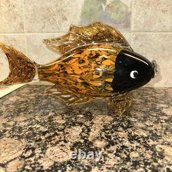 Fish Large Murano Style Hand Blown Art Glass Fish Orange & Black. 11 Long 7H