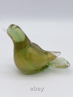 Formia Murano Italy Art Glass Green & Gold Flecked Bird Hand Blown Figurine