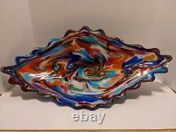 Free Form Glass Bowl/ Platter Hand Blown Abstract Multi-Color Swirl