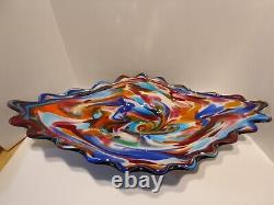 Free Form Glass Bowl/ Platter Hand Blown Abstract Multi-Color Swirl