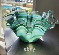 GLASS BOWL MURANO SWIRL RUFFLED BLUE & GREEN, WithLABEL. ITALY, LARGE HAND BLOWN