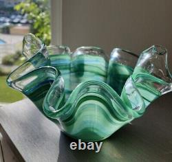 GLASS BOWL MURANO SWIRL RUFFLED BLUE & GREEN, WithLABEL. ITALY, LARGE HAND BLOWN