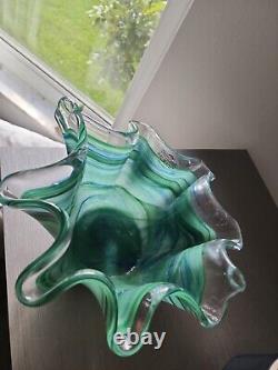 GLASS BOWL MURANO SWIRL RUFFLED BLUE & GREEN, WithLABEL. ITALY, LARGE HAND BLOWN