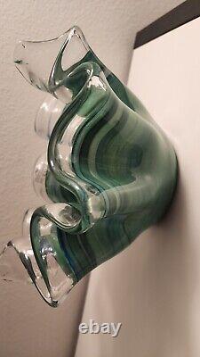 GLASS BOWL MURANO SWIRL RUFFLED BLUE & GREEN, WithLABEL. ITALY, LARGE HAND BLOWN