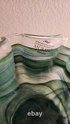 GLASS BOWL MURANO SWIRL RUFFLED BLUE & GREEN, WithLABEL. ITALY, LARGE HAND BLOWN