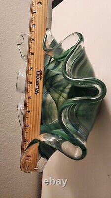 GLASS BOWL MURANO SWIRL RUFFLED BLUE & GREEN, WithLABEL. ITALY, LARGE HAND BLOWN