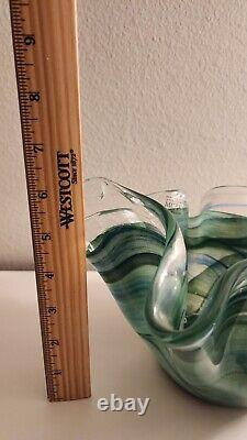 GLASS BOWL MURANO SWIRL RUFFLED BLUE & GREEN, WithLABEL. ITALY, LARGE HAND BLOWN