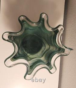 GLASS BOWL MURANO SWIRL RUFFLED BLUE & GREEN, WithLABEL. ITALY, LARGE HAND BLOWN