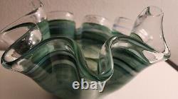 GLASS BOWL MURANO SWIRL RUFFLED BLUE & GREEN, WithLABEL. ITALY, LARGE HAND BLOWN