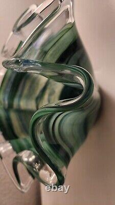 GLASS BOWL MURANO SWIRL RUFFLED BLUE & GREEN, WithLABEL. ITALY, LARGE HAND BLOWN