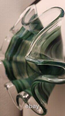 GLASS BOWL MURANO SWIRL RUFFLED BLUE & GREEN, WithLABEL. ITALY, LARGE HAND BLOWN