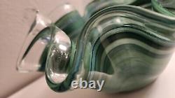 GLASS BOWL MURANO SWIRL RUFFLED BLUE & GREEN, WithLABEL. ITALY, LARGE HAND BLOWN