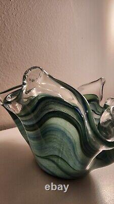 GLASS BOWL MURANO SWIRL RUFFLED BLUE & GREEN, WithLABEL. ITALY, LARGE HAND BLOWN