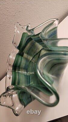 GLASS BOWL MURANO SWIRL RUFFLED BLUE & GREEN, WithLABEL. ITALY, LARGE HAND BLOWN