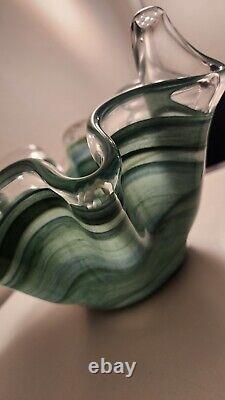 GLASS BOWL MURANO SWIRL RUFFLED BLUE & GREEN, WithLABEL. ITALY, LARGE HAND BLOWN