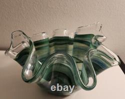 GLASS BOWL MURANO SWIRL RUFFLED BLUE & GREEN, WithLABEL. ITALY, LARGE HAND BLOWN