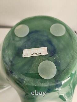 GLASS BOWL MURANO SWIRL RUFFLED BLUE & GREEN, WithLABEL. ITALY, LARGE HAND BLOWN