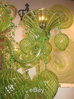 GREEN GLASS & CRYSTAL CHANDELIER, 8 Light, Murano STYLE Hand Blown, DRAMATIC