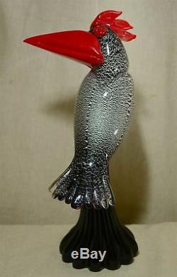 Gambaro & Poggi 14.5 Murano Black Sommerso & Red Art Glass Bird, Silver Flakes