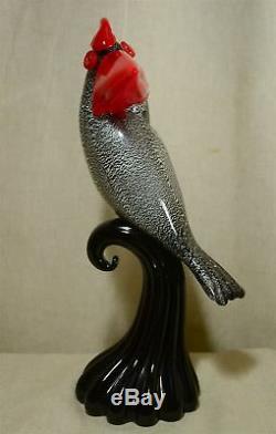 Gambaro & Poggi 14.5 Murano Black Sommerso & Red Art Glass Bird, Silver Flakes