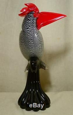 Gambaro & Poggi 14.5 Murano Black Sommerso & Red Art Glass Bird, Silver Flakes