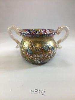 Gambaro & Poggi Millefiori Gold Flake Handblown Glass Vase Handles Murano Italy