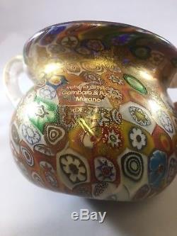 Gambaro & Poggi Millefiori Gold Flake Handblown Glass Vase Handles Murano Italy