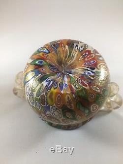 Gambaro & Poggi Millefiori Gold Flake Handblown Glass Vase Handles Murano Italy