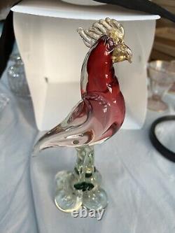 Gorgeous Murano Cockatiel or Parrot on Clear Base with Leaves Blown Glass Heavy