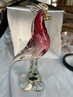 Gorgeous Murano Cockatiel or Parrot on Clear Base with Leaves Blown Glass Heavy