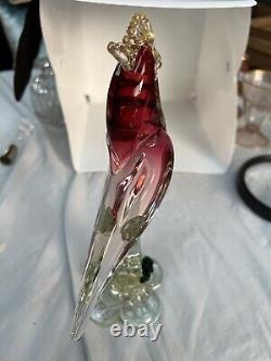 Gorgeous Murano Cockatiel or Parrot on Clear Base with Leaves Blown Glass Heavy