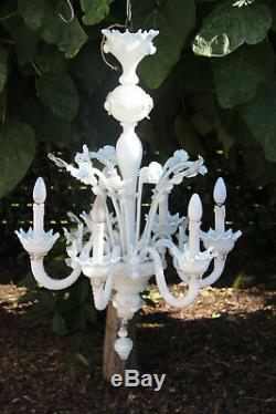 Gorgeous Murano hand blown 6 arms white glass chandelier mid century retro 60's