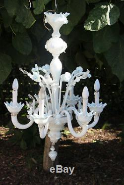 Gorgeous Murano hand blown 6 arms white glass chandelier mid century retro 60's