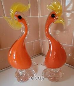 Gorgeous Pair Of MID Century Modern, Murano Art Glass Birds. Hen & Rooster. 9.5