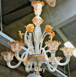 Gorgeous Venetian MURANO handblown orange glass Chandelier 6 arms 1970 Italy