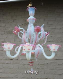 Gorgeous Venetian MURANO handblown pink glass Chandelier 6 arms 1970 Italy
