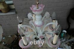 Gorgeous pink white murano hand blown 5 arms chandelier italian 1970 rare