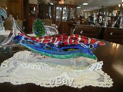 HAND BLOWN ART GLASS MURANO FISH 18 inches Red Blue Green with Label
