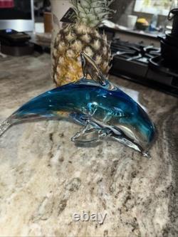 HUGE Hand Blown Art Glass Murano Dolphin Figurine Blue Clear 10 x 6 Gorgeous