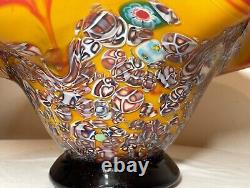 HUGE vintage hand blown millefiori glass Italian centerpiece footed bowl Murano