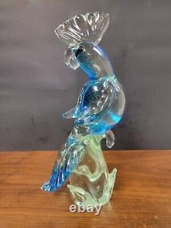 Hand Blown 1960s Murano Glass 12.5 Tall Bird Blue Parrot Cockatoo Figurine
