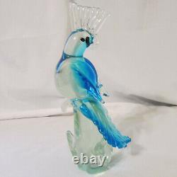 Hand Blown 1960s Murano Glass 12.5 Tall Bird Blue Parrot Cockatoo Figurine