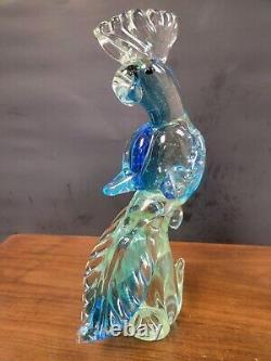 Hand Blown 1960s Murano Glass 12.5 Tall Bird Blue Parrot Cockatoo Figurine