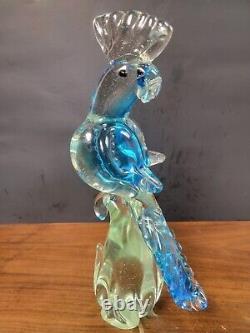 Hand Blown 1960s Murano Glass 12.5 Tall Bird Blue Parrot Cockatoo Figurine