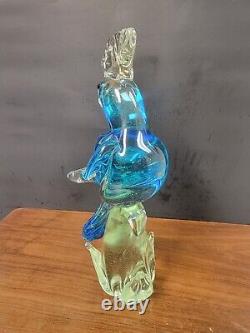 Hand Blown 1960s Murano Glass 12.5 Tall Bird Blue Parrot Cockatoo Figurine