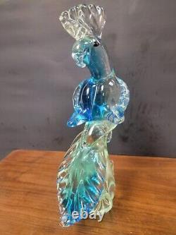 Hand Blown 1960s Murano Glass 12.5 Tall Bird Blue Parrot Cockatoo Figurine