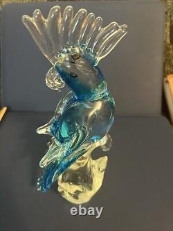 Hand Blown 1960s Murano Glass 12 Tall Bird Blue Parrot Cockatoo Figurine