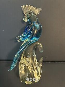 Hand Blown 1960s Murano Glass 12 Tall Bird Blue Parrot Cockatoo Figurine